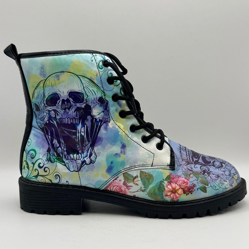Skull Floral Graphic Combat Boots Lace Up Lug Sole Multi Color Women Size 42